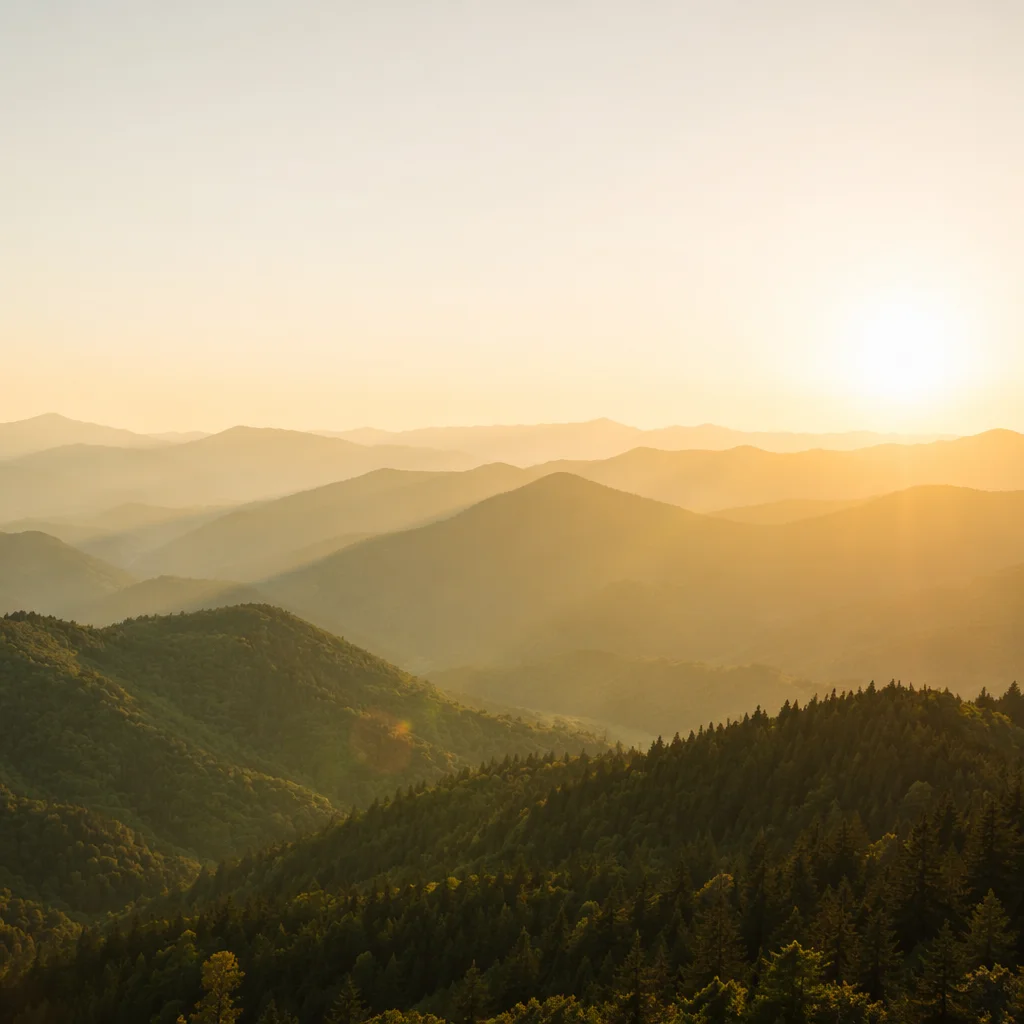 Golden Sunrise Over Evergreen Mountain Ridges