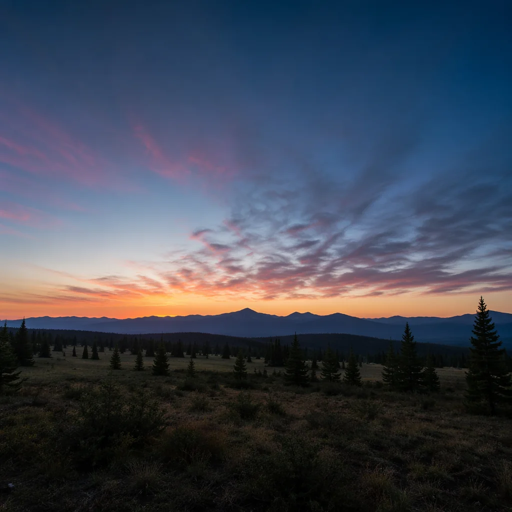 Golden Sunrise Over Evergreen Mountain Range