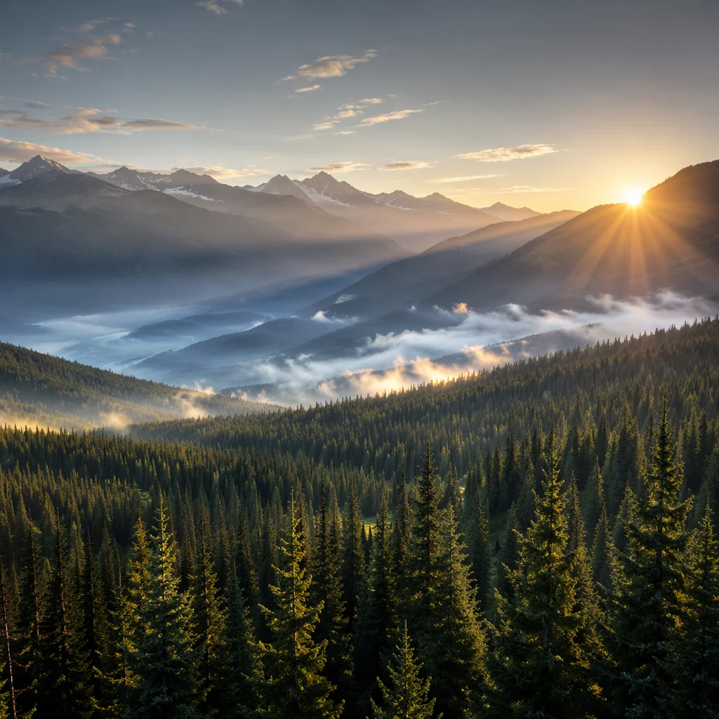 Golden Sunrise Over Evergreen Mountain Range