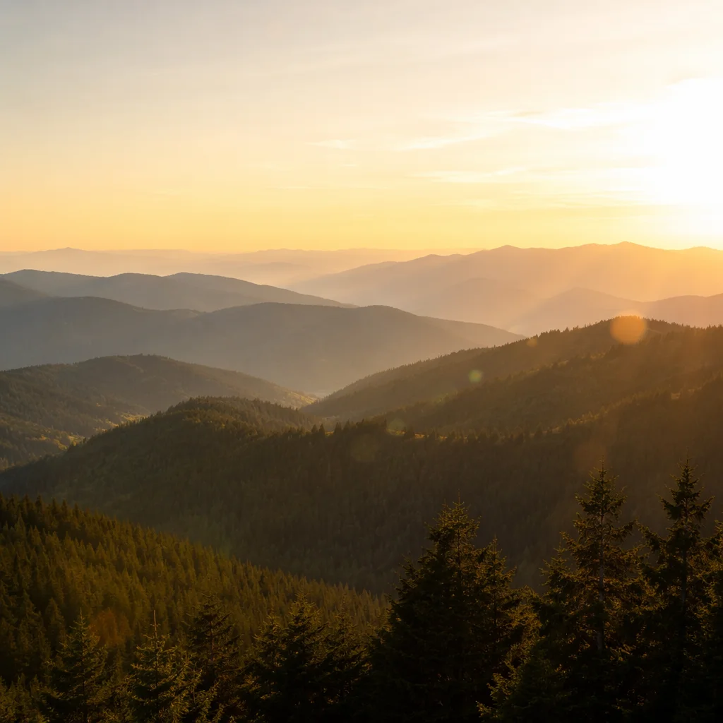 Sunrise Over Evergreen Mountain Ridges