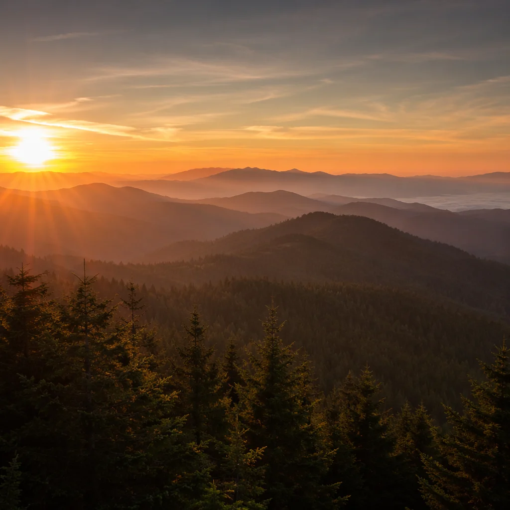 Golden Sunrise Over Evergreen Mountain Range