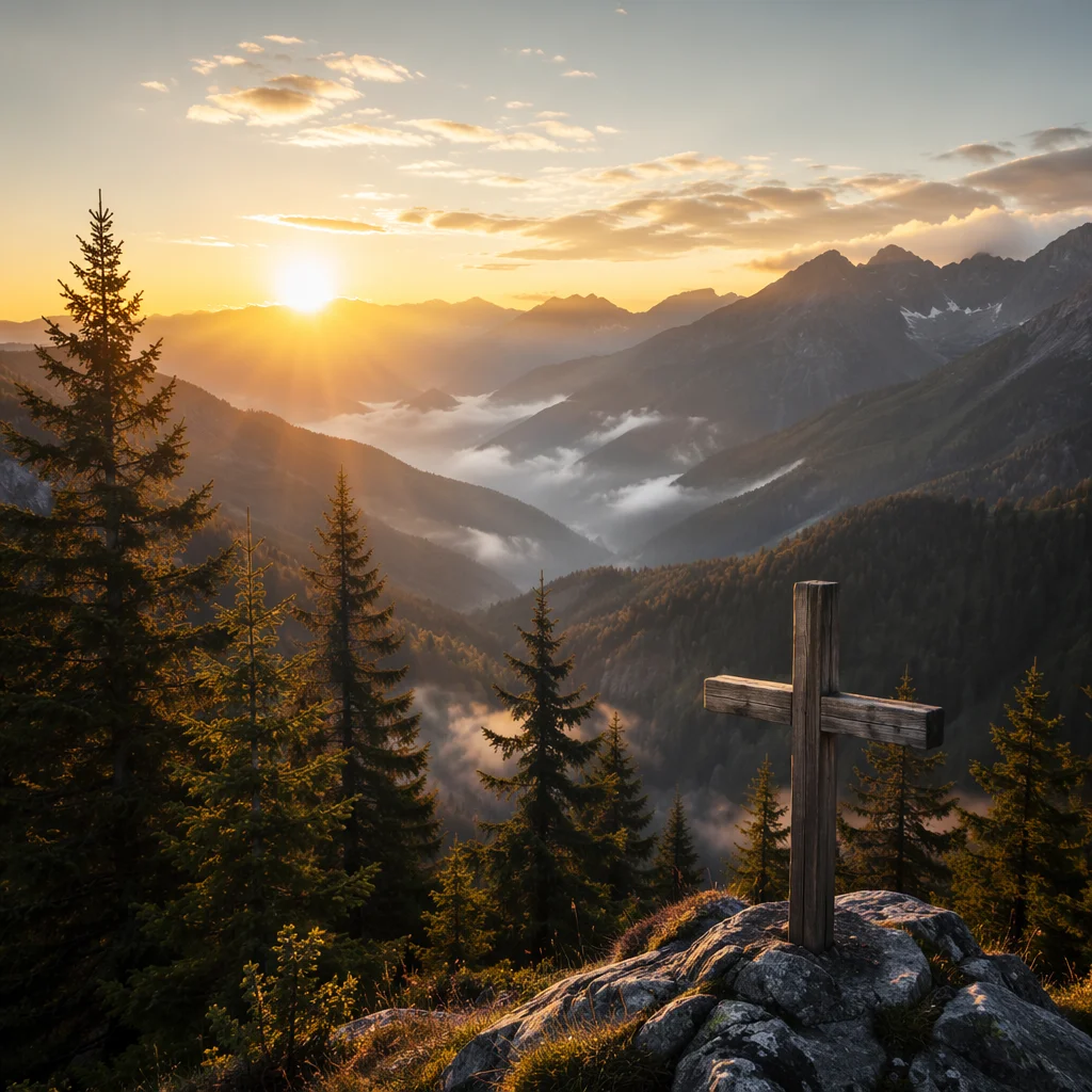 Golden Sunrise Cross in Evergreen Mountains