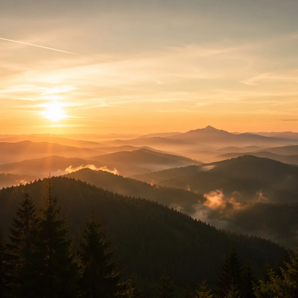 Golden Sunrise Over Evergreen Mountain Range