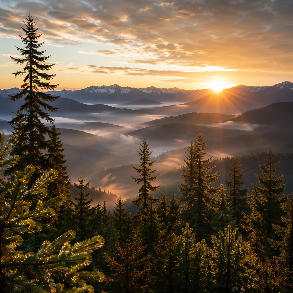 Golden Sunrise Over Evergreen Mountain Valley