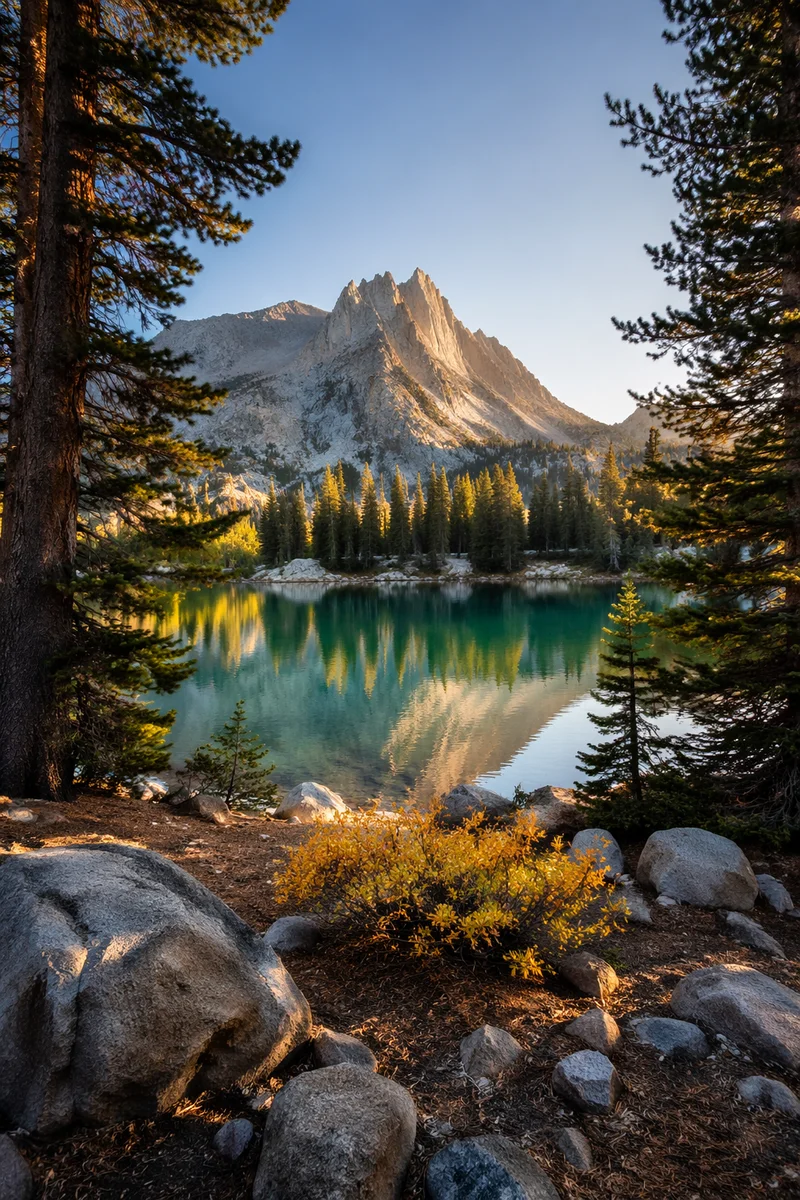 Golden Sunrise Over Evergreen Alpine Lake