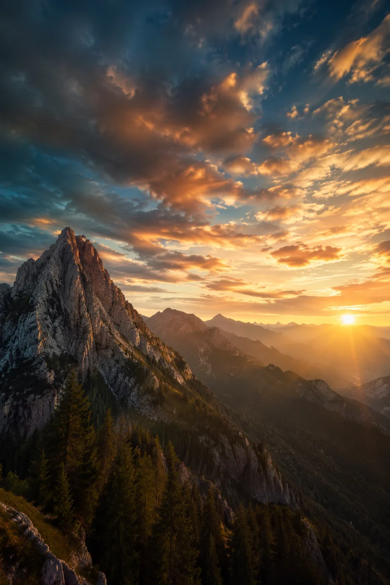 Golden Sunrise Over Evergreen Mountain Range