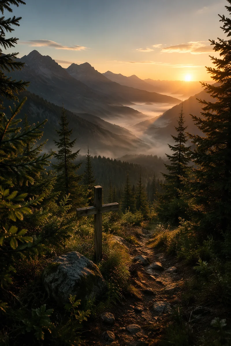 Golden Sunrise Cross in Evergreen Mountains