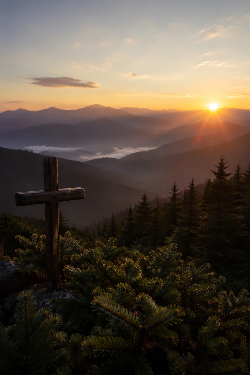 Wooden Cross at Golden Mountain Sunrise