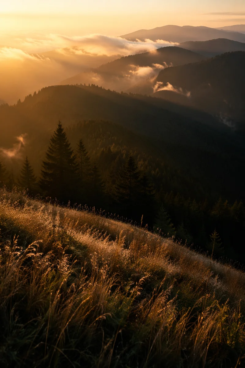 Golden Sunrise Over Evergreen Mountain Range
