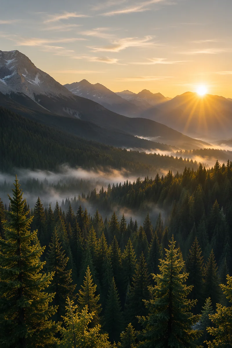 Golden Sunrise Over Evergreen Mountain Range