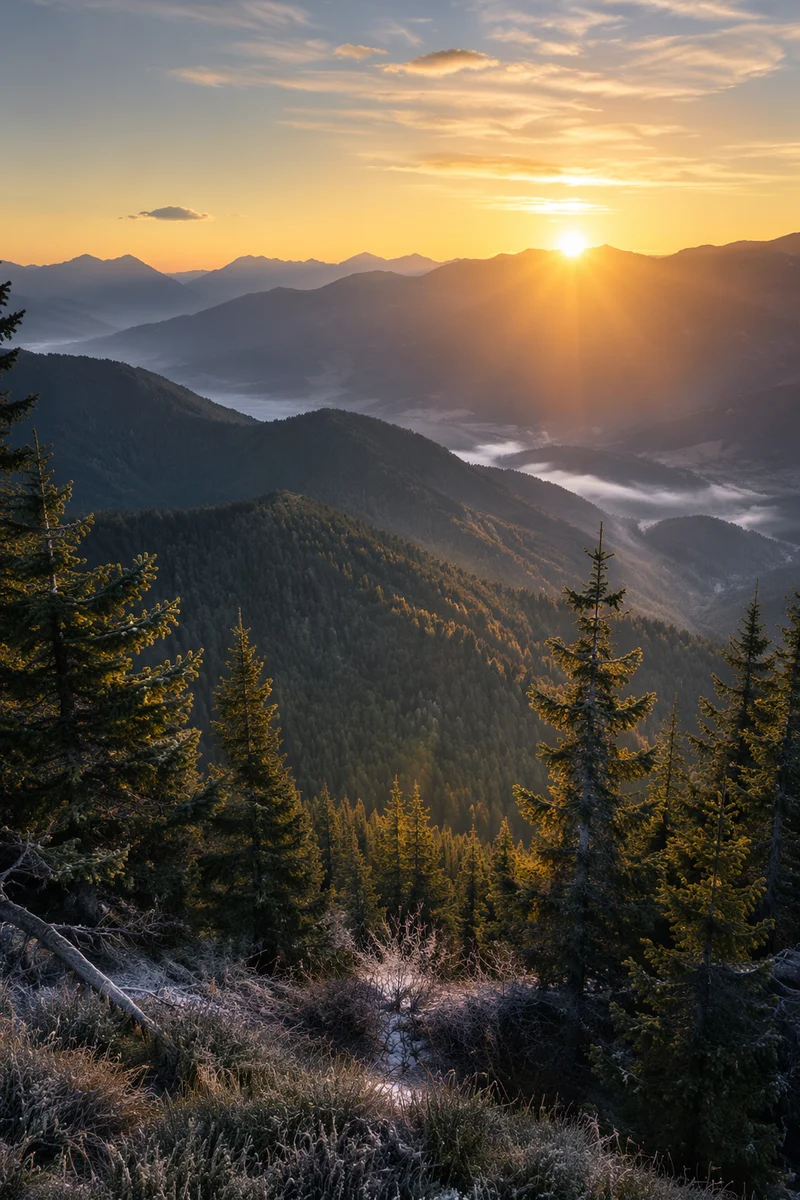 Golden Sunrise Over Evergreen Mountain Range