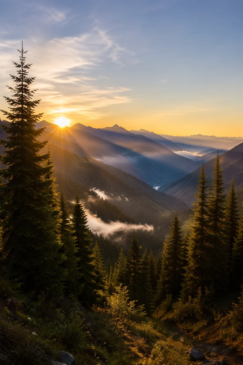 Golden Sunrise Over Evergreen Mountain Ridge