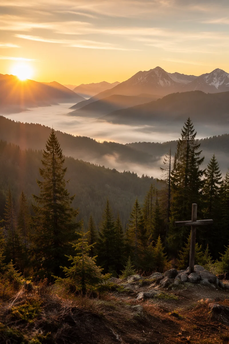Golden Sunrise Cross Over Evergreen Mountains