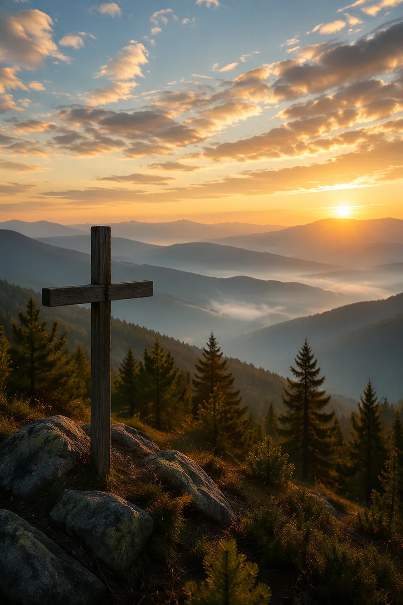Golden Sunrise Cross on Evergreen Mountain Ridge