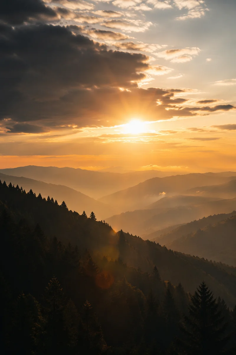 Golden Sunrise Over Evergreen Mountain Ridges
