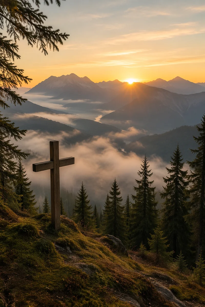 Golden Sunrise Cross Over Evergreen Mountains