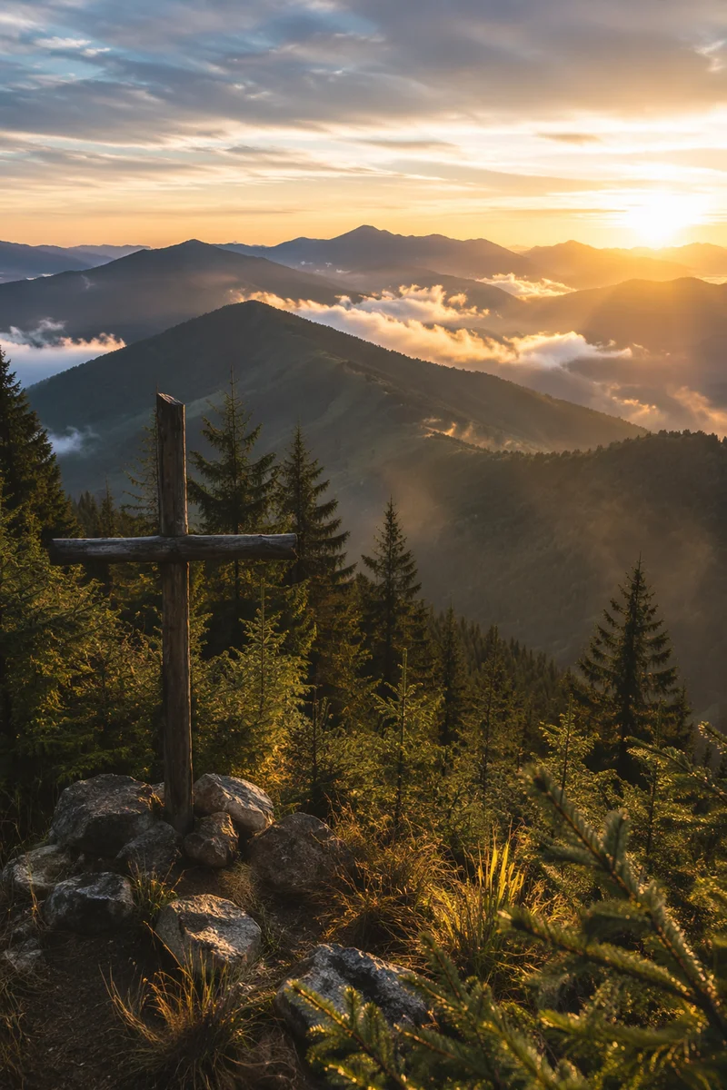 Golden Sunrise Cross Over Evergreen Mountains