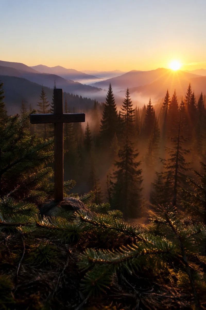 Golden Sunrise Cross Over Evergreen Mountains