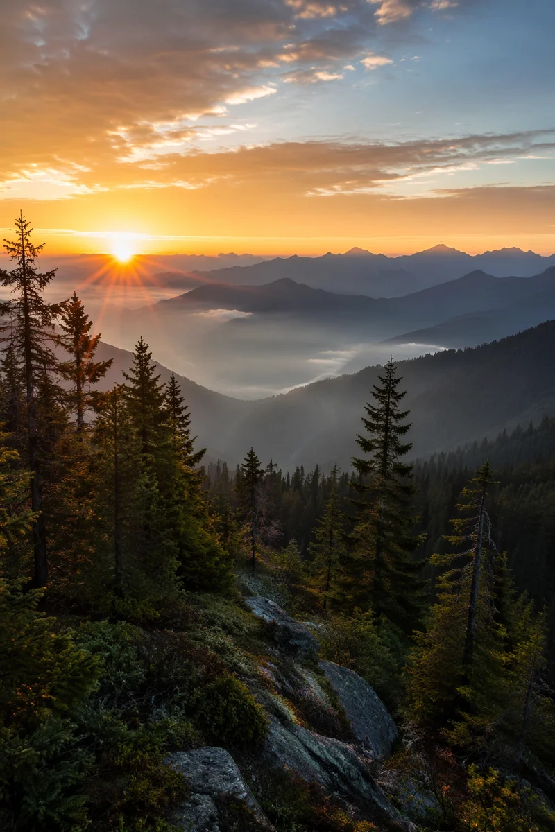 Golden Sunrise Over Evergreen Mountain Ridge