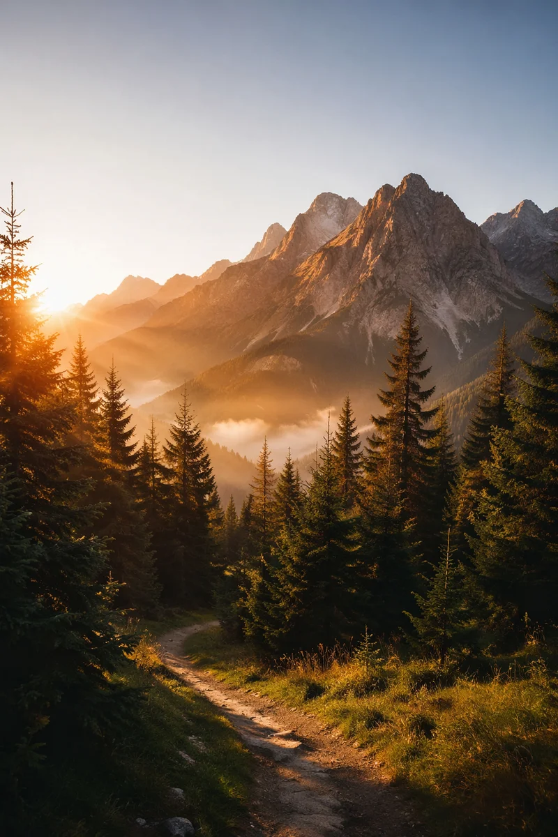 Golden Sunrise Over Evergreen Mountain Path