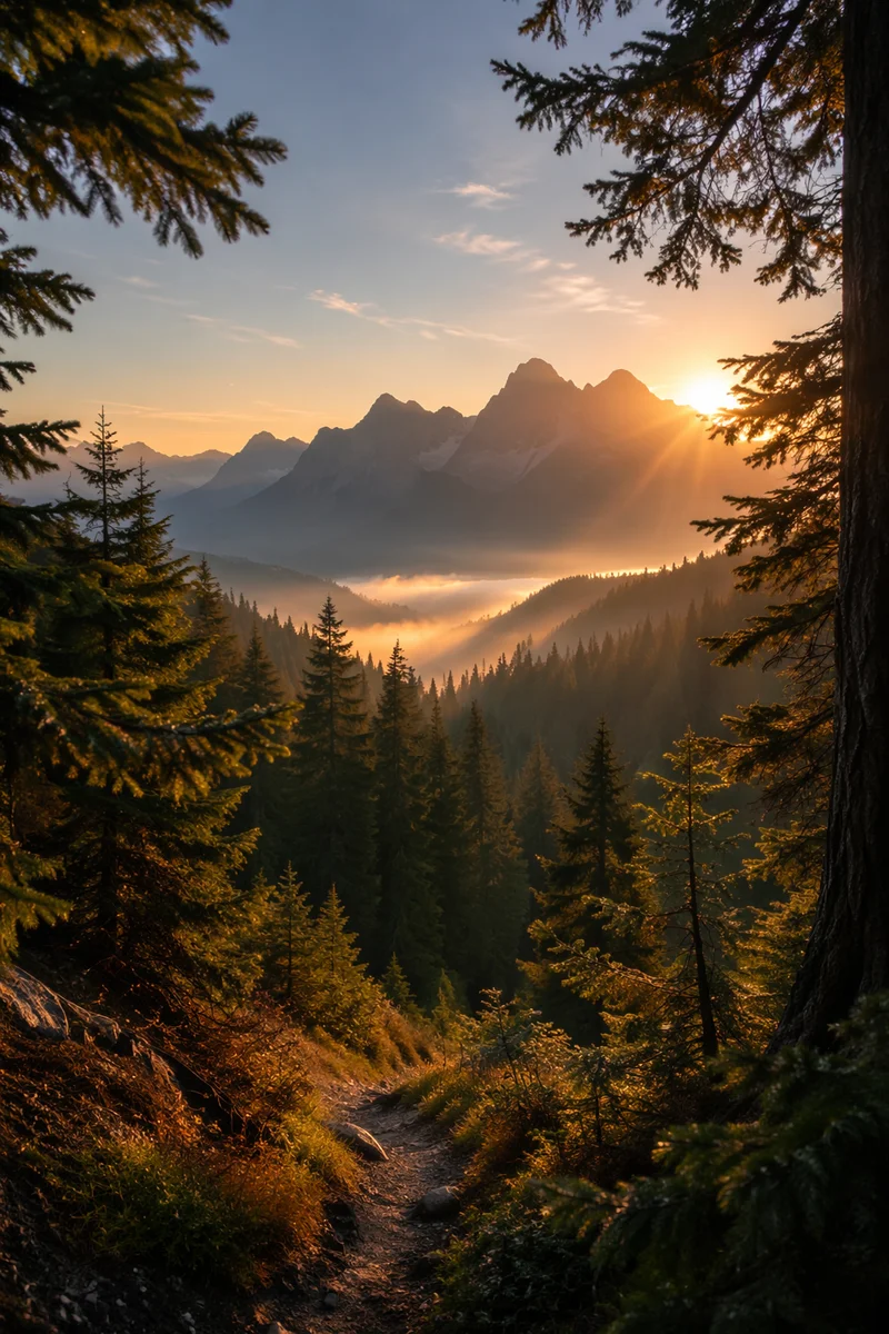 Golden Sunrise Over Evergreen Mountain Valley