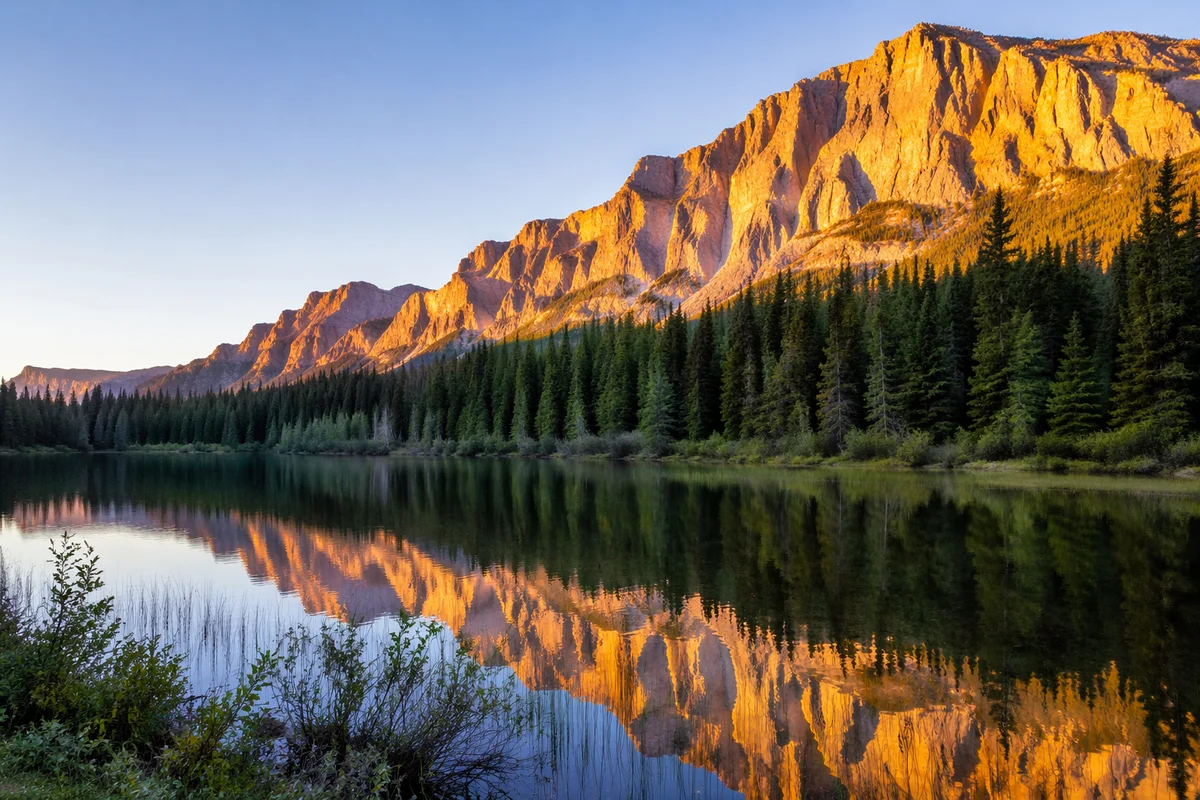 Golden Sunrise Over Evergreen Mountain Lake