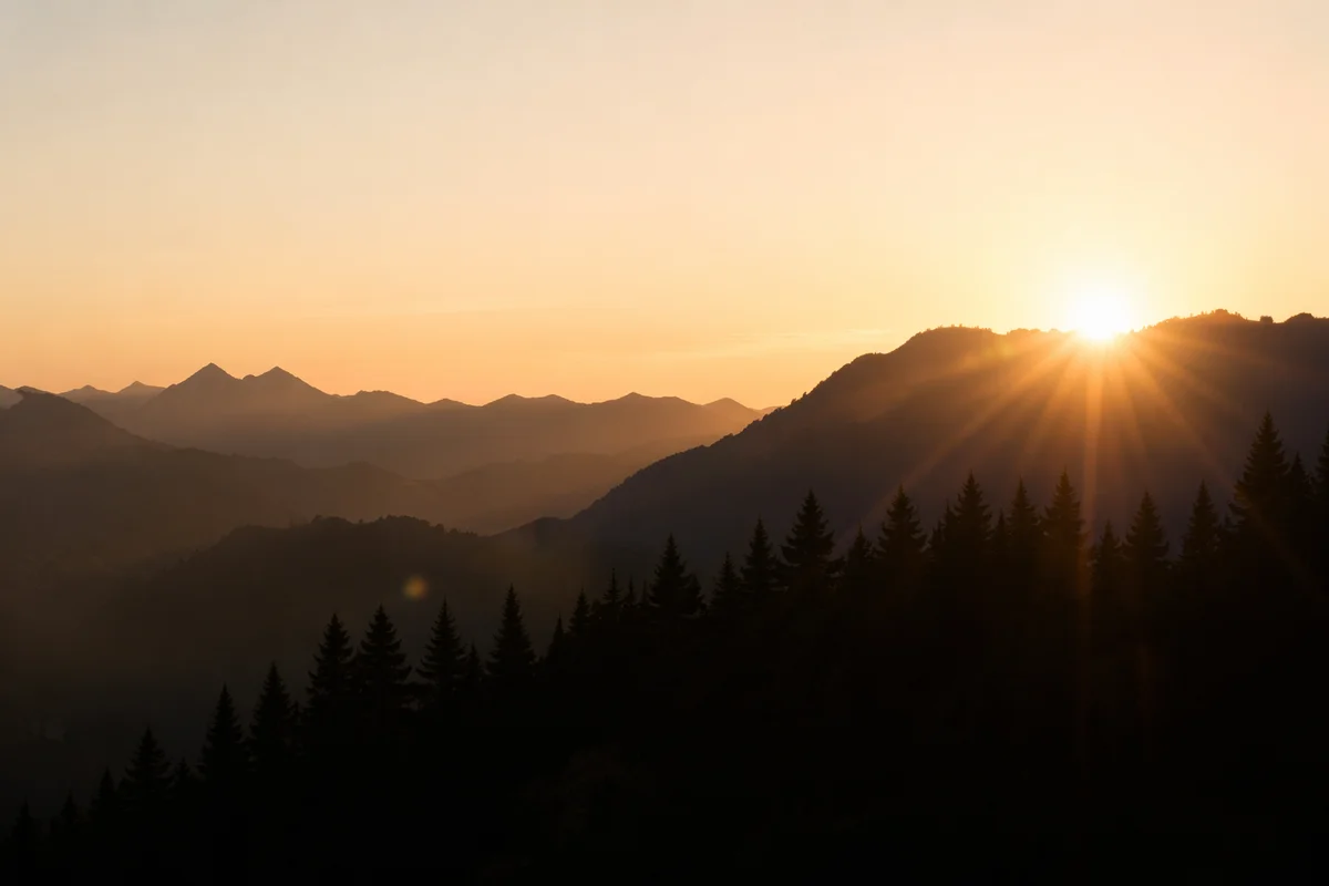 Golden Sunrise Over Evergreen Mountain Range