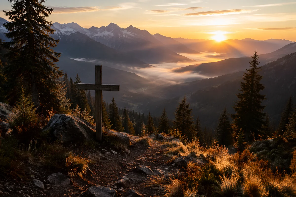 Golden Sunrise Cross in Evergreen Mountains