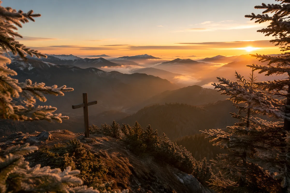 Wooden Cross at Golden Mountain Sunrise