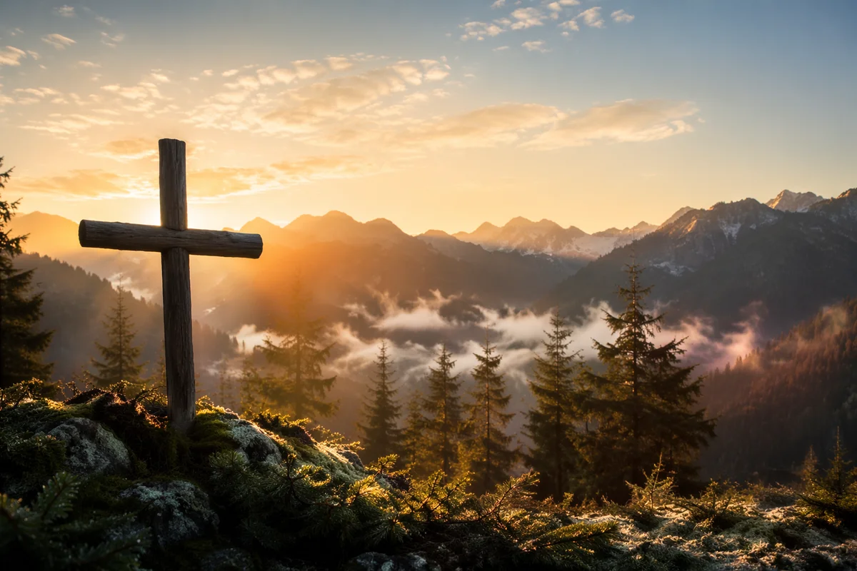 Wooden Cross at Golden Mountain Sunrise