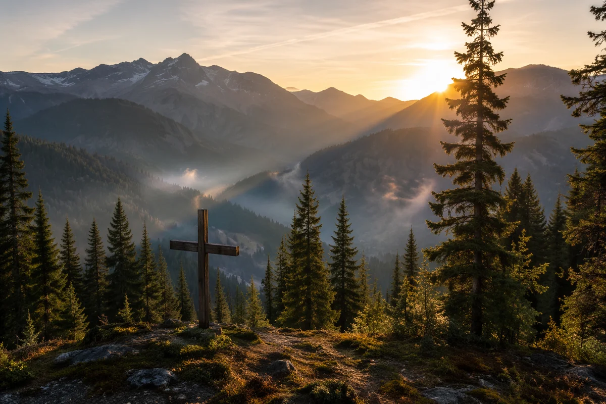 Golden Sunrise Cross in Evergreen Mountains