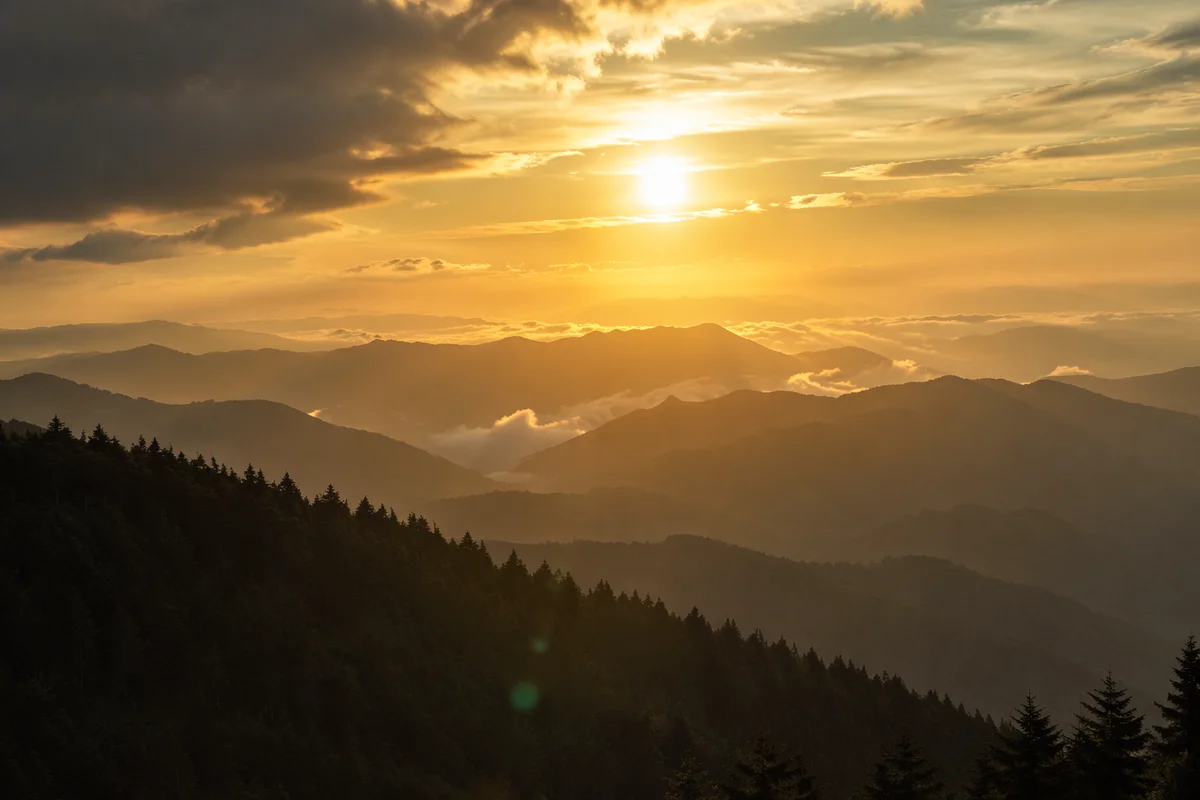 Golden Sunrise Over Evergreen Mountain Ridges