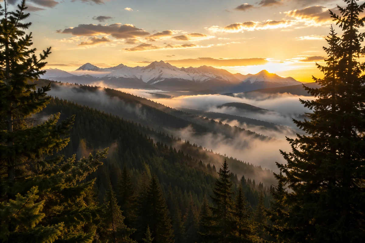 Golden Sunrise Over Evergreen Mountain Ridge