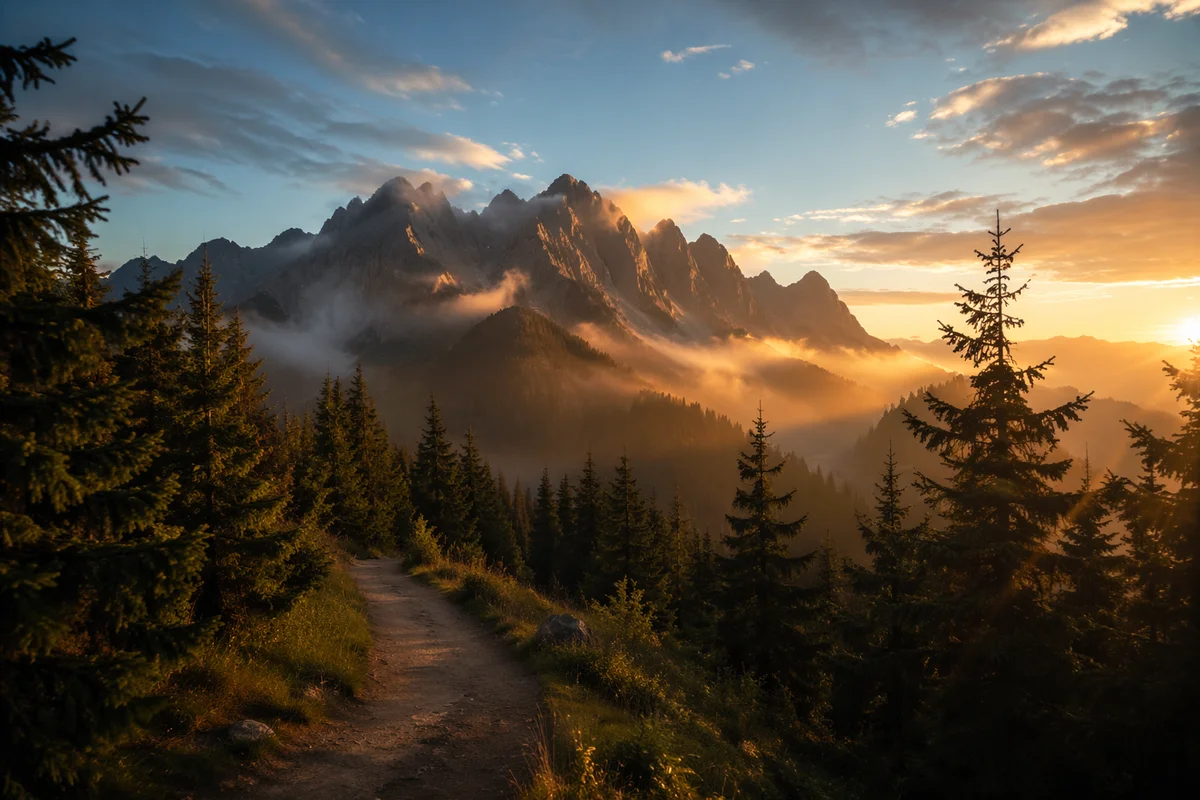 Golden Sunrise Over Evergreen Mountain Path