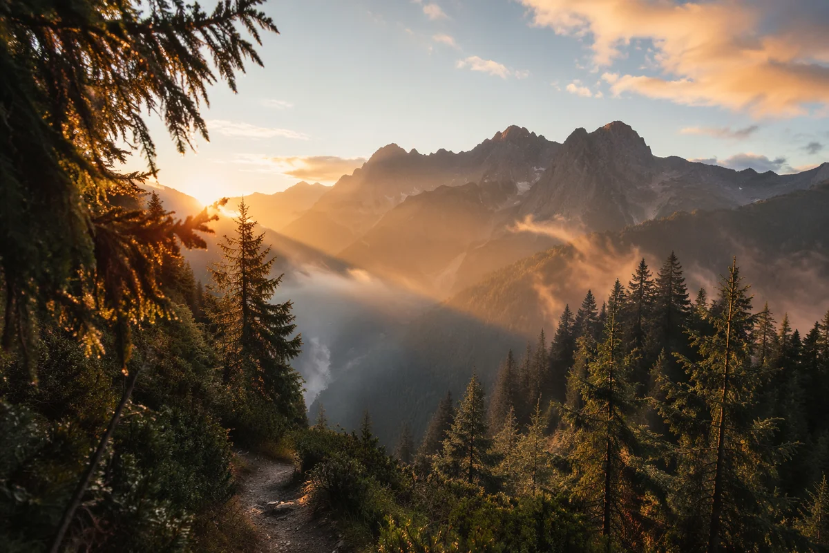 Golden Sunrise Over Evergreen Mountain Valley