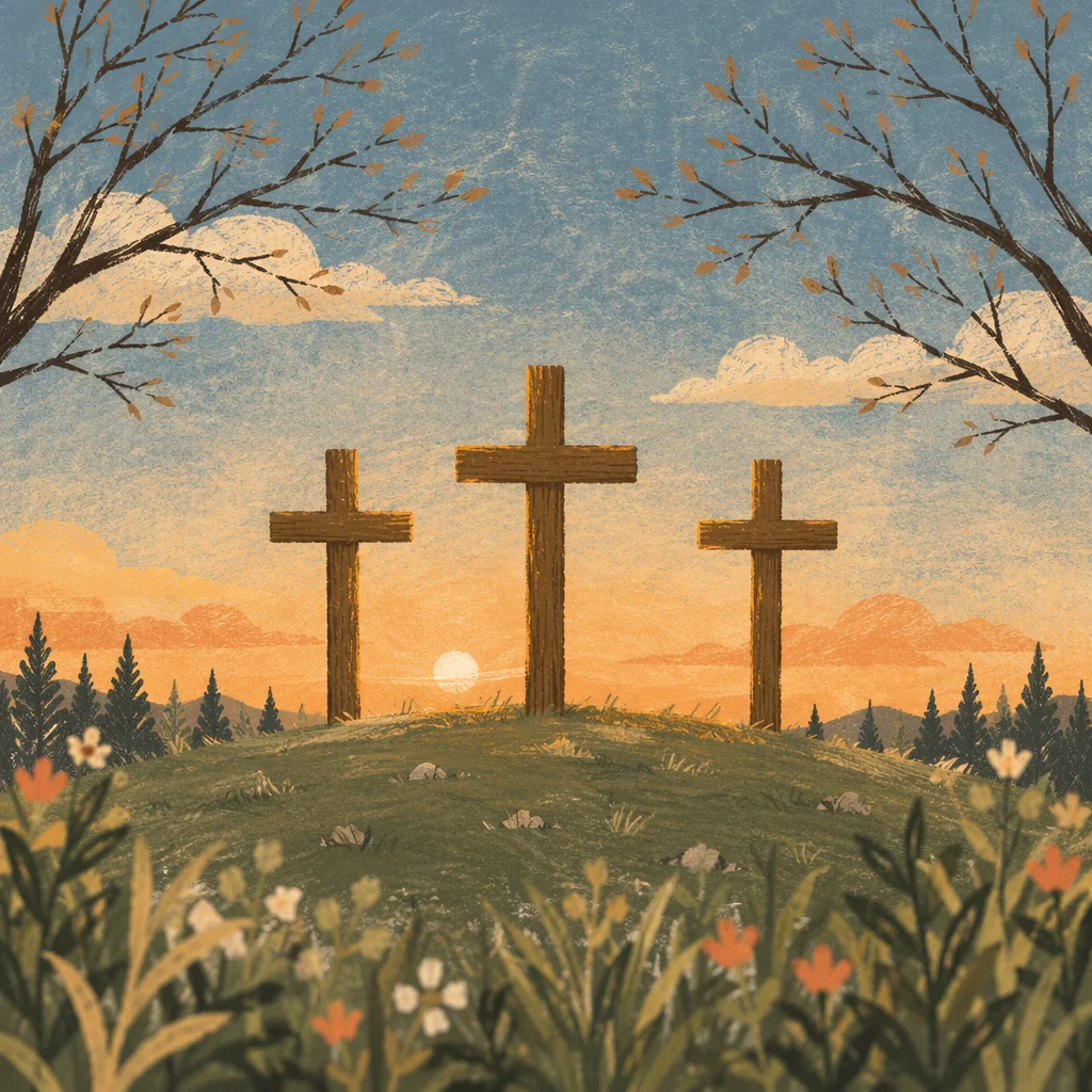 Three Wooden Crosses on Sunset Hill