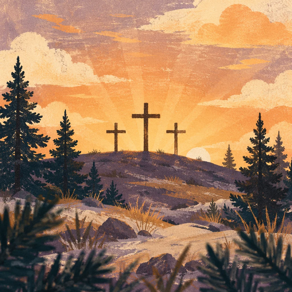 Three Crosses on Evergreen Hill at Sunset