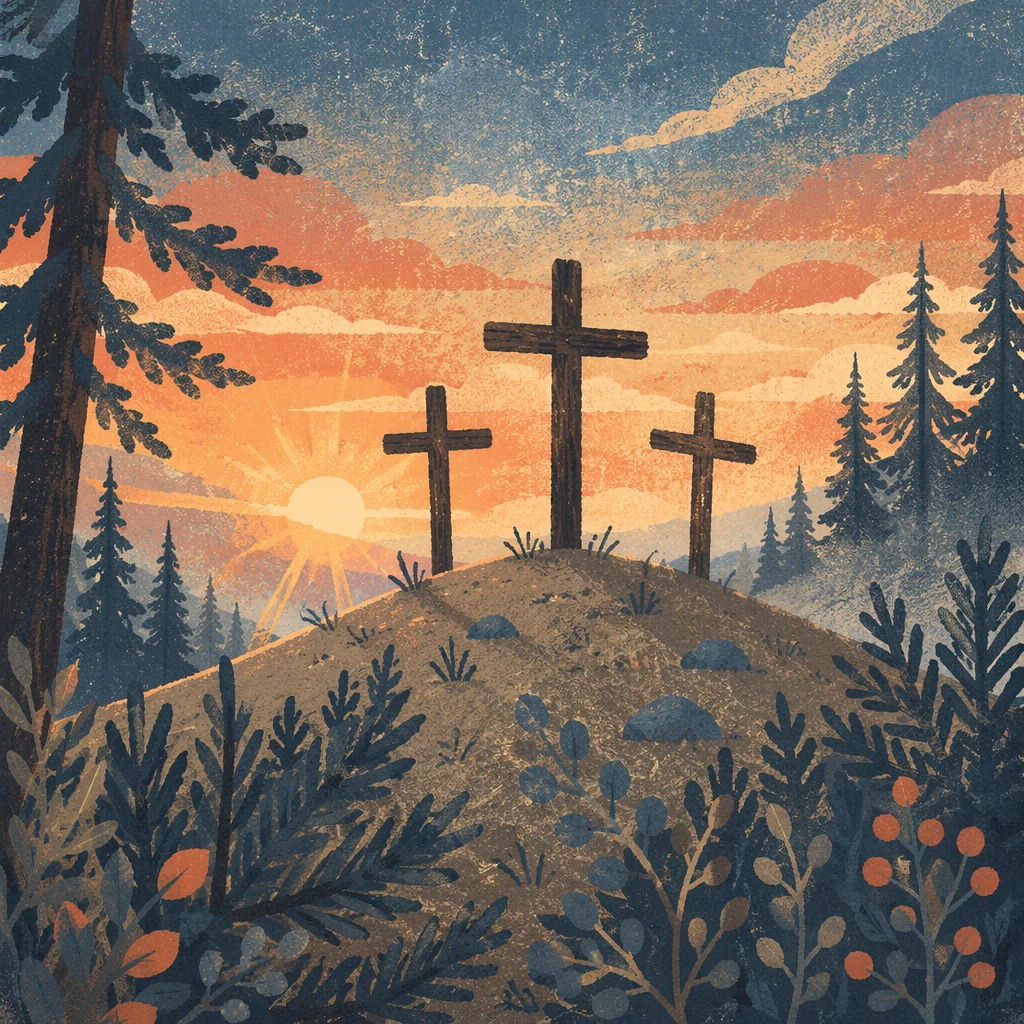 Three Crosses at Evergreen Sunset