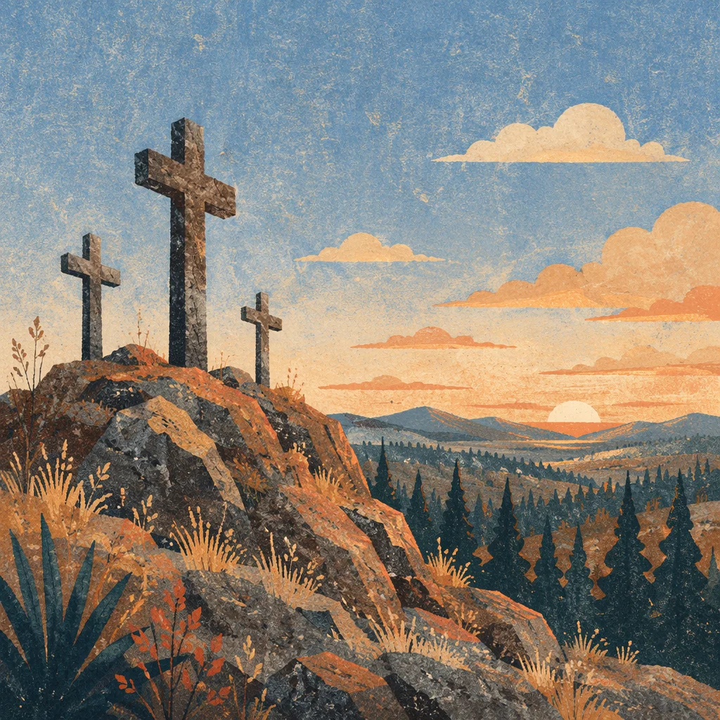Three Stone Crosses at Evergreen Sunset