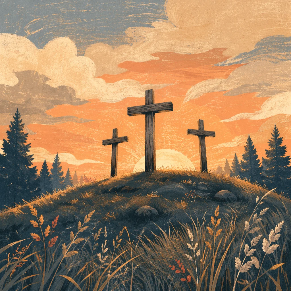Three Crosses at Evergreen Sunset