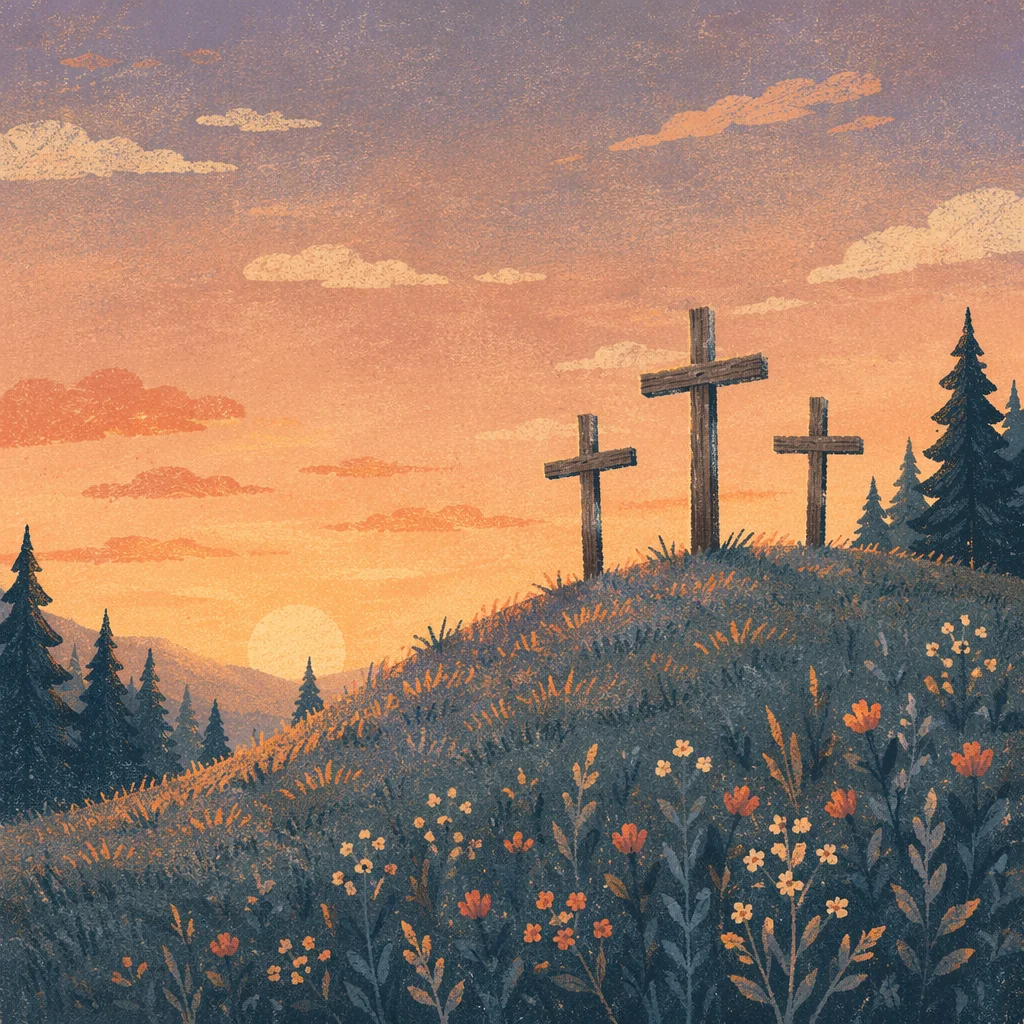 Three Crosses on Evergreen Hill at Sunset