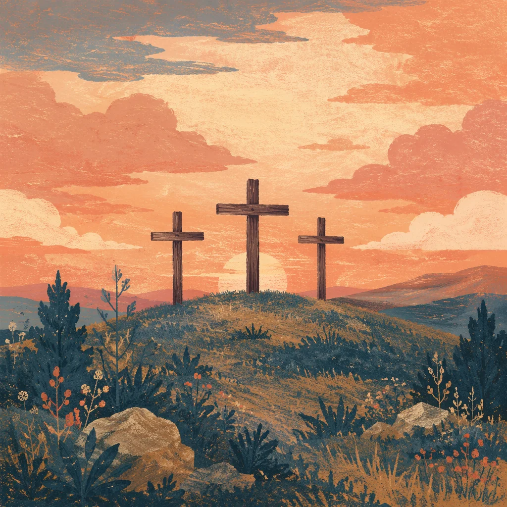 Three Crosses on Evergreen Hill at Sunset