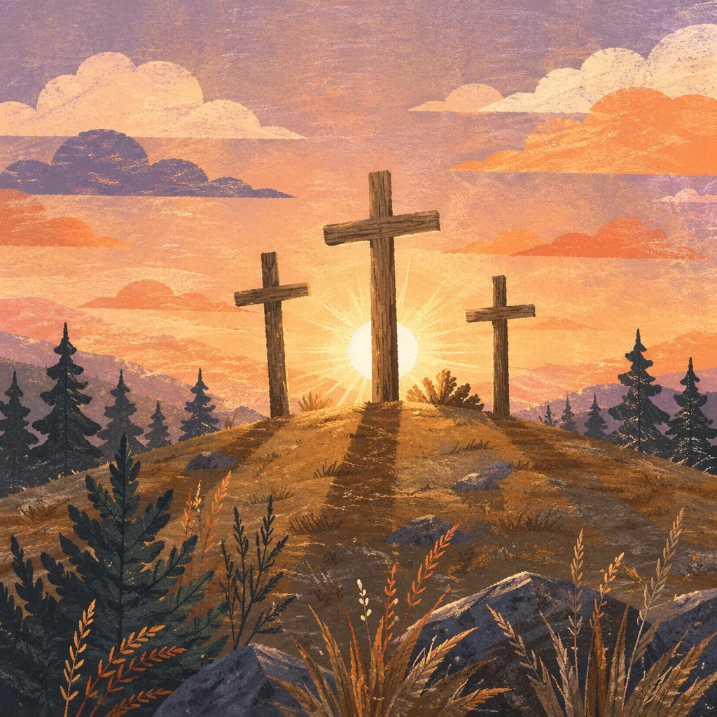 Three Wooden Crosses at Evergreen Sunset