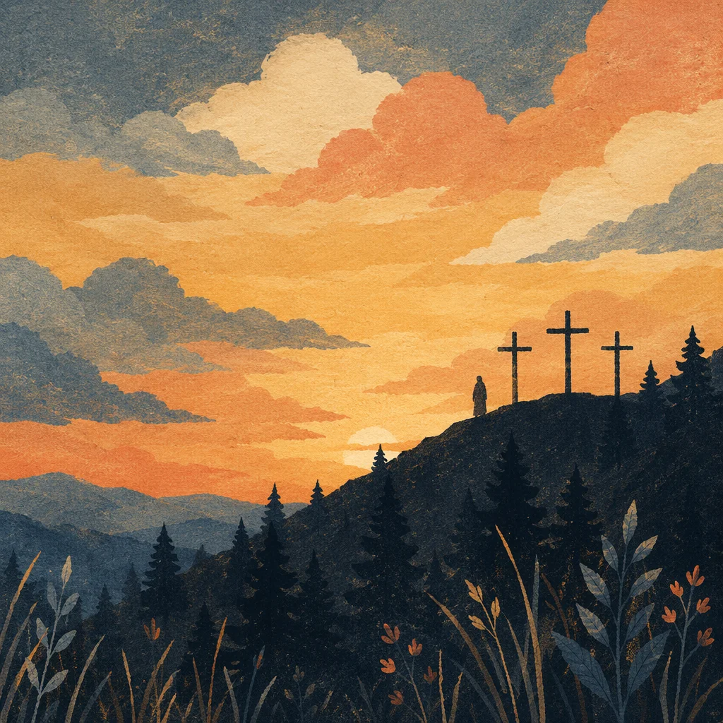 Three Crosses on Evergreen Hill at Sunset