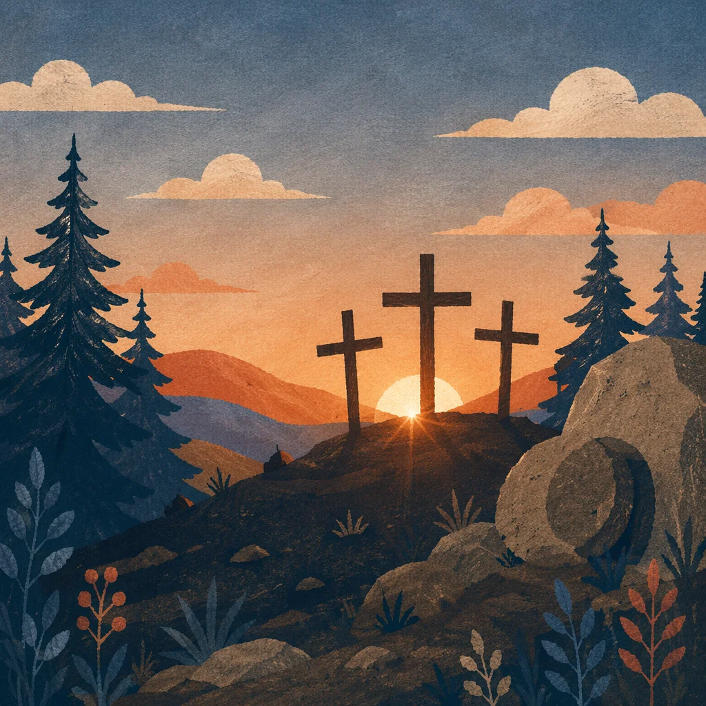 Three Crosses at Evergreen Sunset
