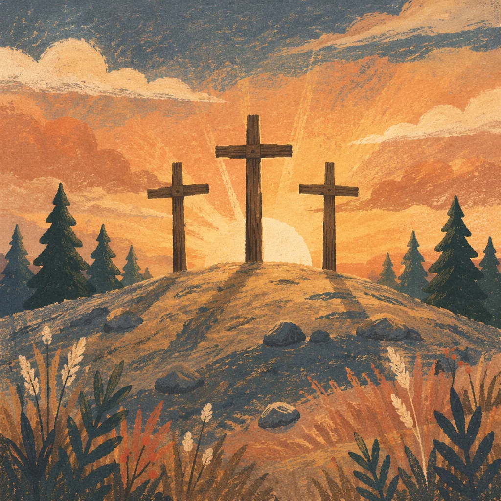 Three Wooden Crosses at Evergreen Sunset