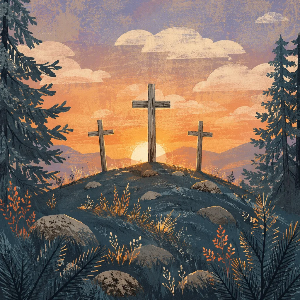 Three Crosses at Evergreen Sunset