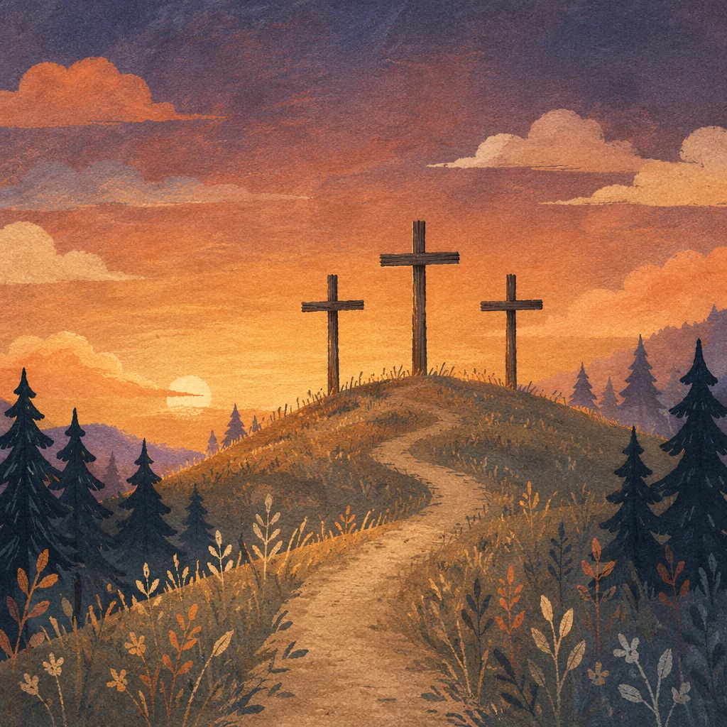 Three Crosses on Evergreen Hill at Sunset