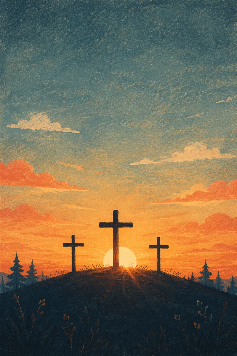 Three Crosses on Sunset Evergreen Hill