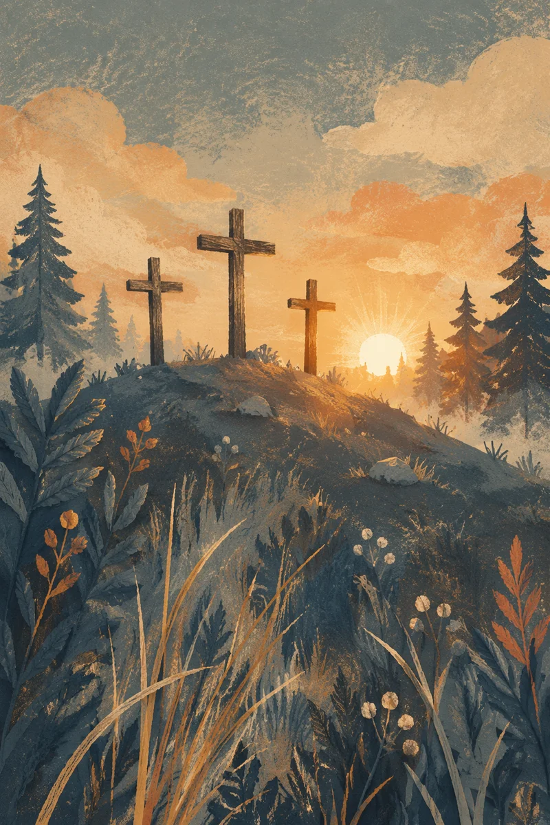 Three Wooden Crosses at Evergreen Sunset